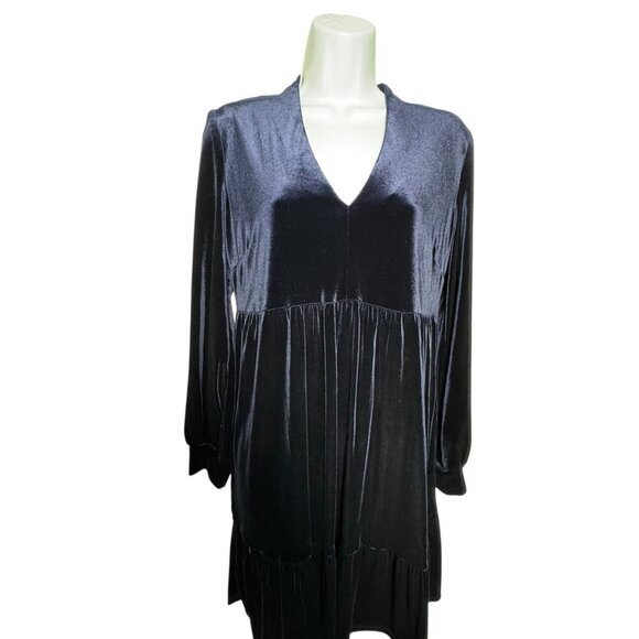 Taylor Navy Blue Velvet Long Sleeve tiered Shift Dress size 10P 10 Petite - Picture 2 of 6
